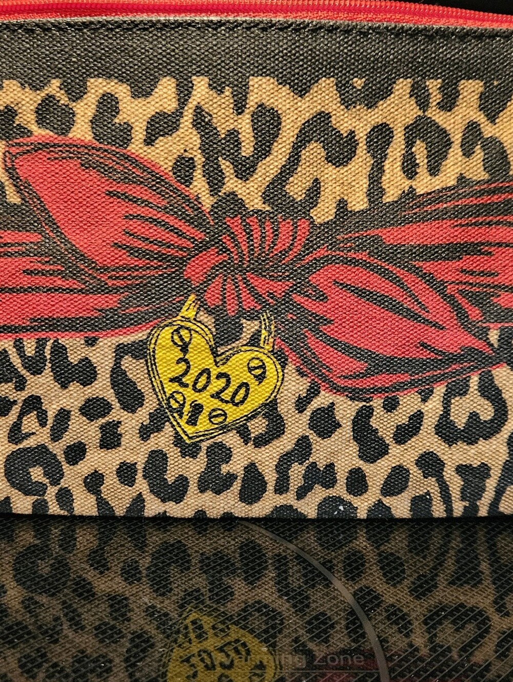 Brighton Leopard Cosmetic Bag with Red Bow and Yellow Heart, Cotton Canvas